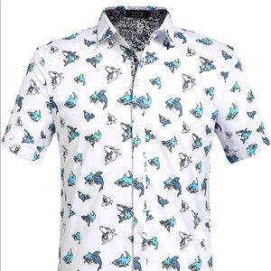 SSLR Mens Shirts Casual Short Sleeve Button Up Shark Graphic